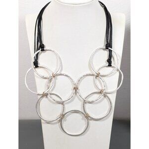 CATO Silver Tone Hammered Style Round Link Black Cord Bold Statement Necklace